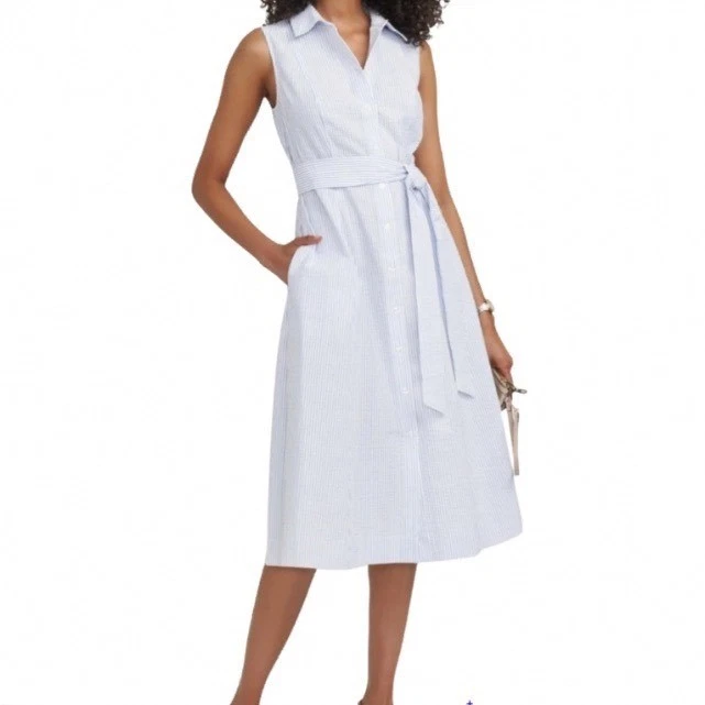 Anne Klein Navy White Seersucker Sz 14 Sleeveless Shirt Dress Belted Pockets NWT