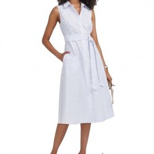 Anne Klein Navy White Seersucker Sz 14 Sleeveless Shirt Dress Belted Pockets NWT