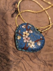 Antique Vintage Cloisonne Floral Heart Pendant Necklace
