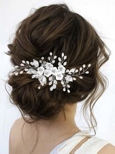 Silver Flower Wedding Hair Comb Pearl Bridal Hair Piece Leaf Hair Accessories...
