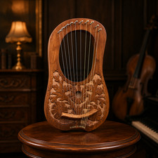 Rosewood 10-String Flower Lyre Harp, Handmade Wooden Instrument with Tuning Key
