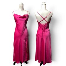 Fuchsia Satin Cowl Neck Maxi Slip Dress Spaghetti Strap Glam Medium