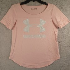 Under Armour Womens Pink Workout Top Size XS HEATGEAR Logo Round Neck Short Slv