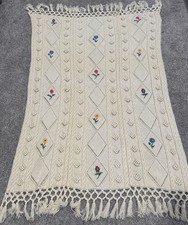 Vintage Cream Cable Knit Afghan Throw Blanket Embroidered Flowers Fringe