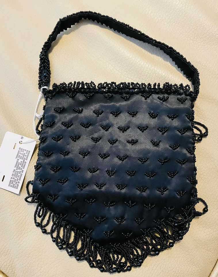 Bolso de Noche Vintage con Flecos con Cuentas Hong Kong Negro Semilla Cuentas Monedero Regalo de Navidad Foto 4 de 4