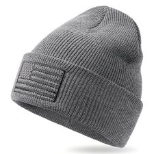 American Flag Embroidered Knit Cuffed Beanie for Mid Charcoal Grey Marled