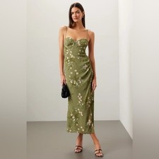 Reformation | Kourtney Floral Sweetheart Neckline Midi Dress in Bonita Green 0