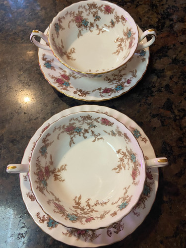 2 Minton Ancestral Cream Soup Bowls and Saucers England Bone China EUC