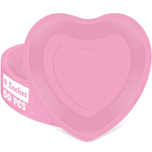 50 PCS Valentines Plates, 9 IN Heart Shaped Plates, Pink Disposable Plates Lo...