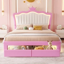 Twin Size Upholstered Princess Bed with Crown Shaped Pink-tiwn Size