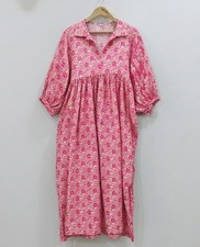 Hand Block Print Kyra Midi Dress Cotton Floral Boho Women Resort Wear