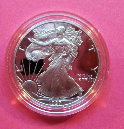1997-P AMERICAN SILVER EAGLE. PROOF, IN CAPSULE. NO BOX OF COA. ONE OUNCE SILVER