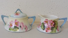 Vintage blue with pink flowers 34/420 porcelain cream & sugar set Germany ~D