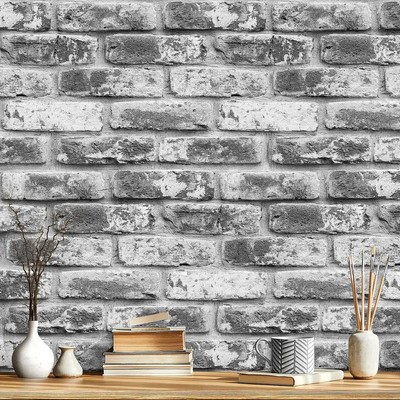 Gray Brick Wallpaper Peel and Stick Wallpaper 17.7inch×118.1inch Faux Brick P...