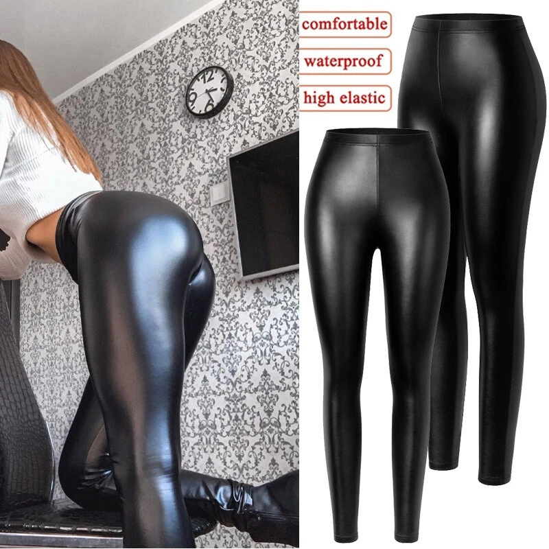 Women Stretchy Faux Leather Leggings Casual PU Pants High Waist Pencil Trousers - Image 3 of 4