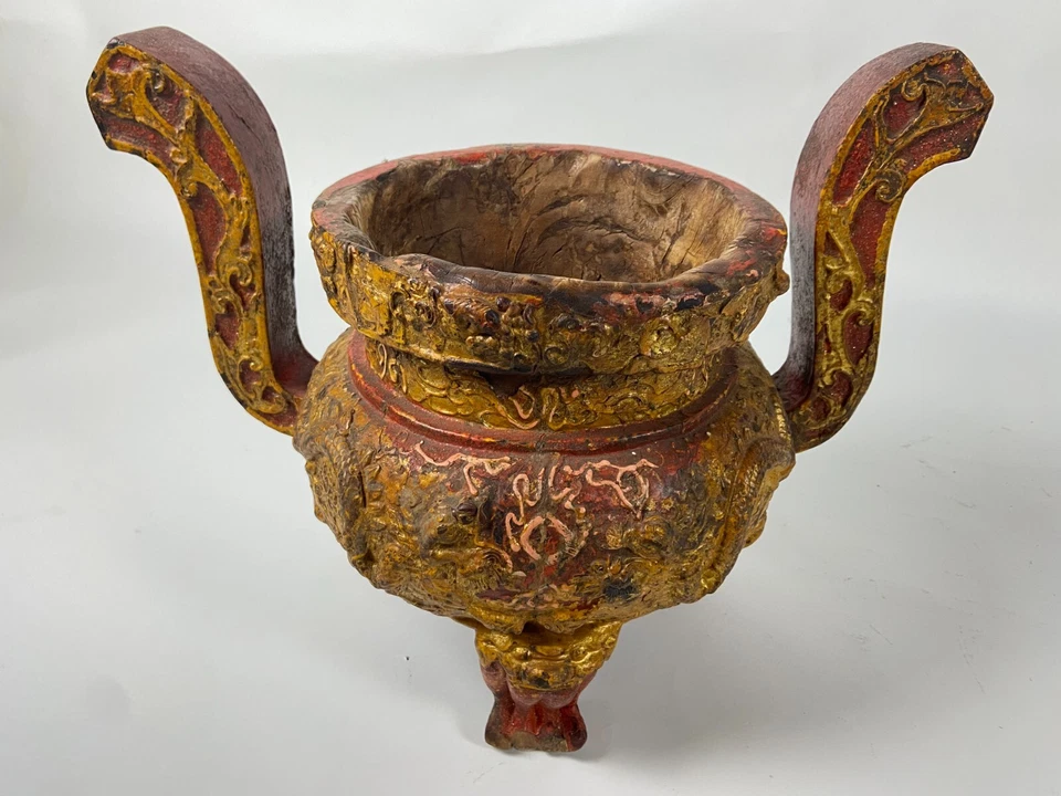 Chinese Antique Gilded Wooden Incense Burner Red Gold Early 20th Century Foto 3 de 3