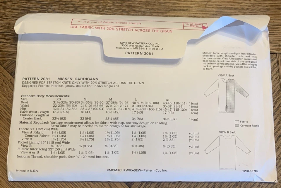 KWIK-SEW Pattern 2081 Misses' Cardigans Sizes XS-S-M-L-XL Uncut - Image 2 of 2