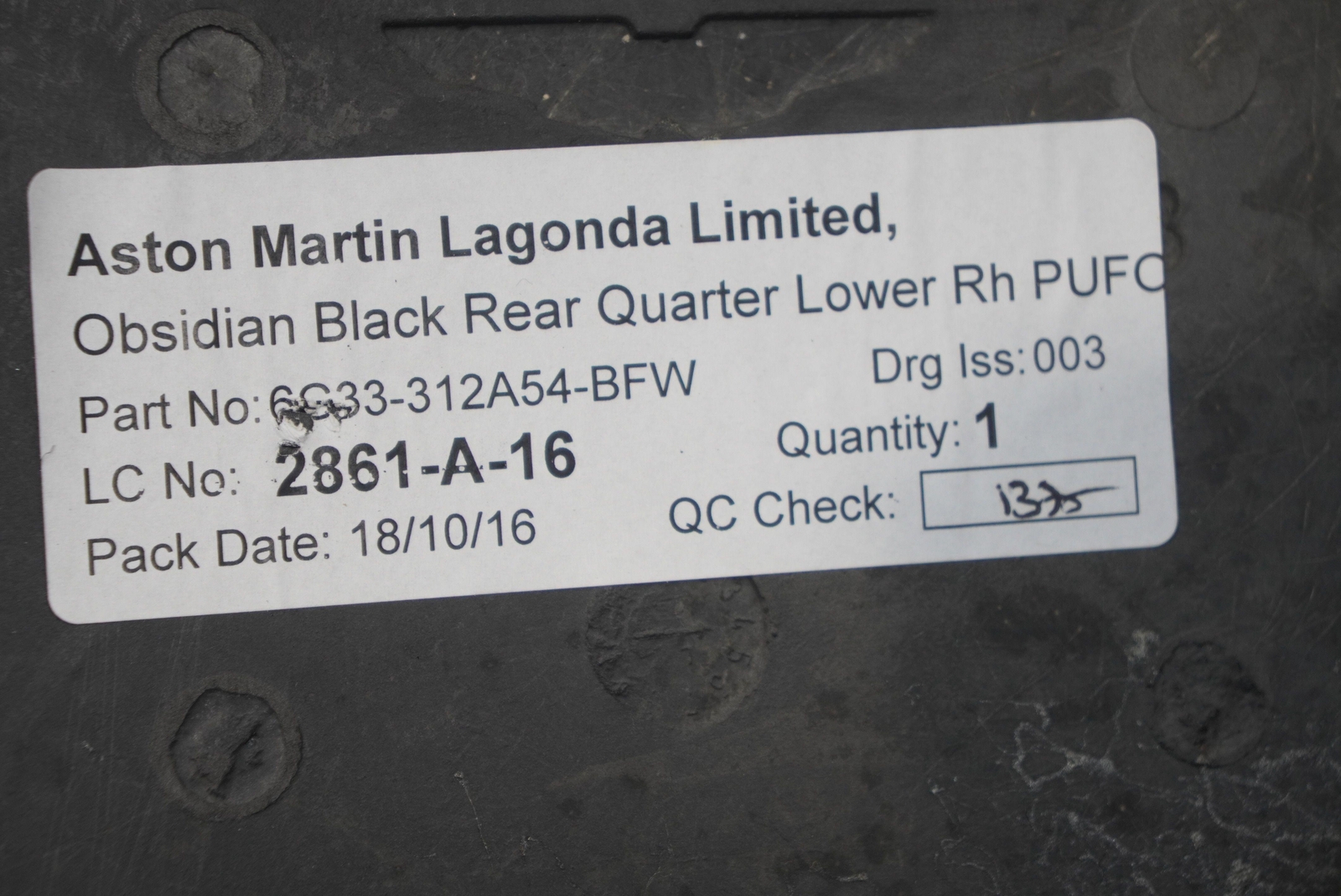 Rear Right Interior Quarter Trim Carpet Panel Aston Martin V12 Vantage 2017