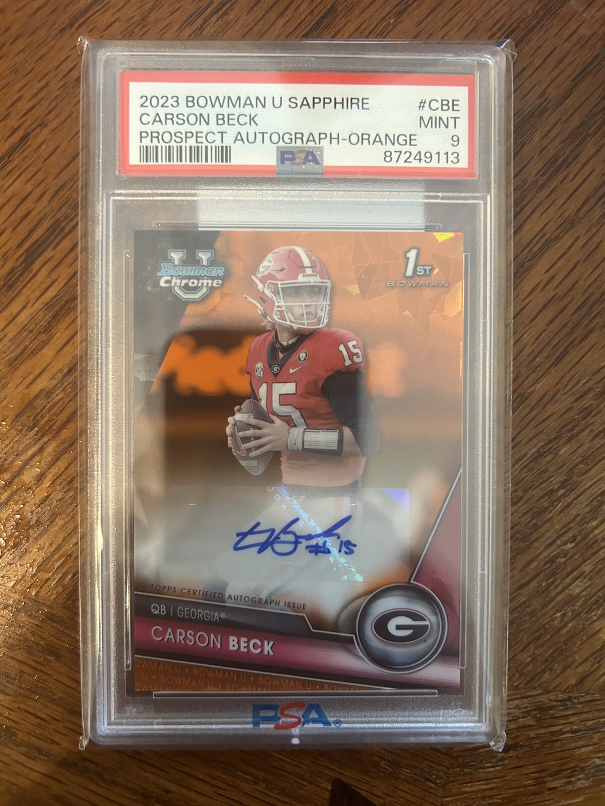 2023 Bowman Chrome University Carson Beck Orange Sapphire Auto /25 Georgia PSA 9