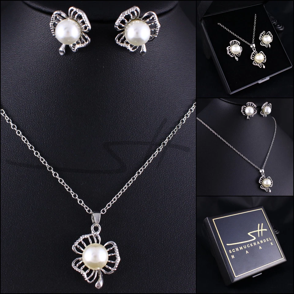 Schmuckset Halskette Ohrstecker *Perlenblume* Silber Etui Geschenk Weihnachten