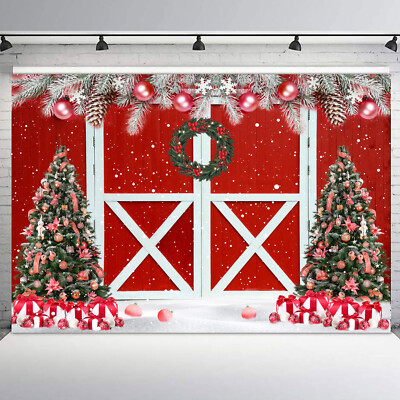 10x8ft Pine Branches Red Wood Barn Door Christmas Photo Background Studio Props