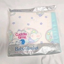 Vintage Cuddle Time Baby Blanket Pastel Baby Bunnies Cloud 36x45 Stars Hearts