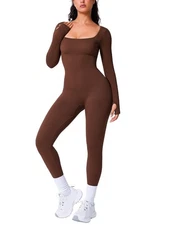 BRXL Long Sleeve Jumpsuit for Women Workout Yoga Square Neck Full Body Suits ...