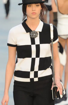 CHANEL KARL LAGERFELD 2012 RUNWAY GRAPHIC KNIT POLO BLACK CREAM CASHMERE 34 XS