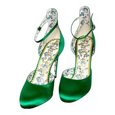 GUCCI Emerald Green Satin Ankle Strap D'Orsay Heels Leather Floral Insole US 9.5