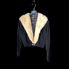 Vintage 50's Black Cropped Cardigan Fur Collar Lace Lining Pearl Button Bolero