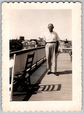 Vtg B&W Snapshot Man On Deck Long Branch NJ Beach House Porch 1950s