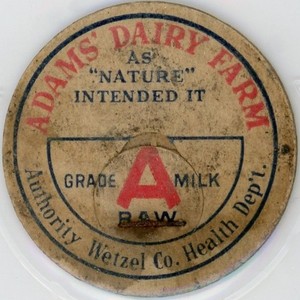 Milk Cap - Adams' Dairy Farm - Authority Wetzel Co. Health Dept. (West Virginia)