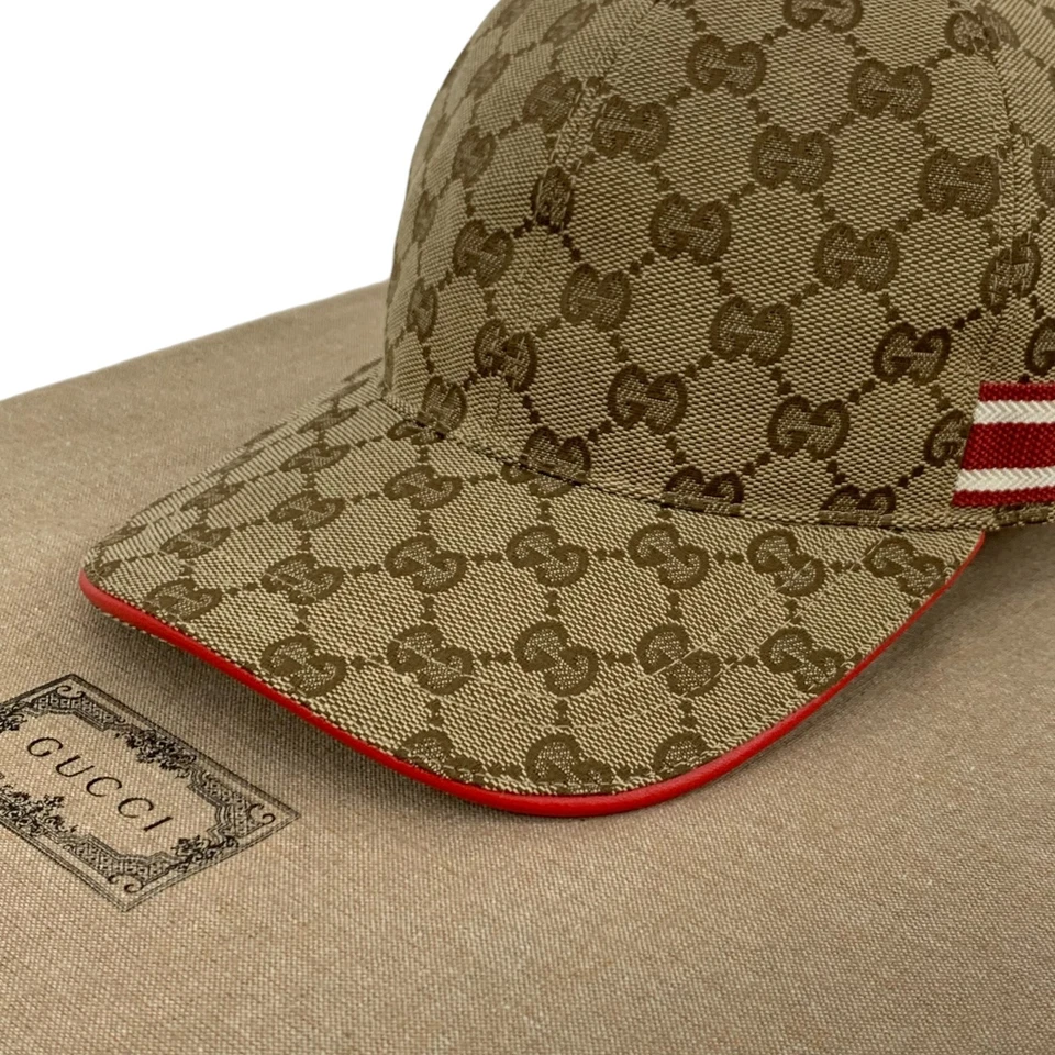 Gucci GG Monogram Red Web Stripe Beige Baseball Cap Hat Size M - Image 3 of 4