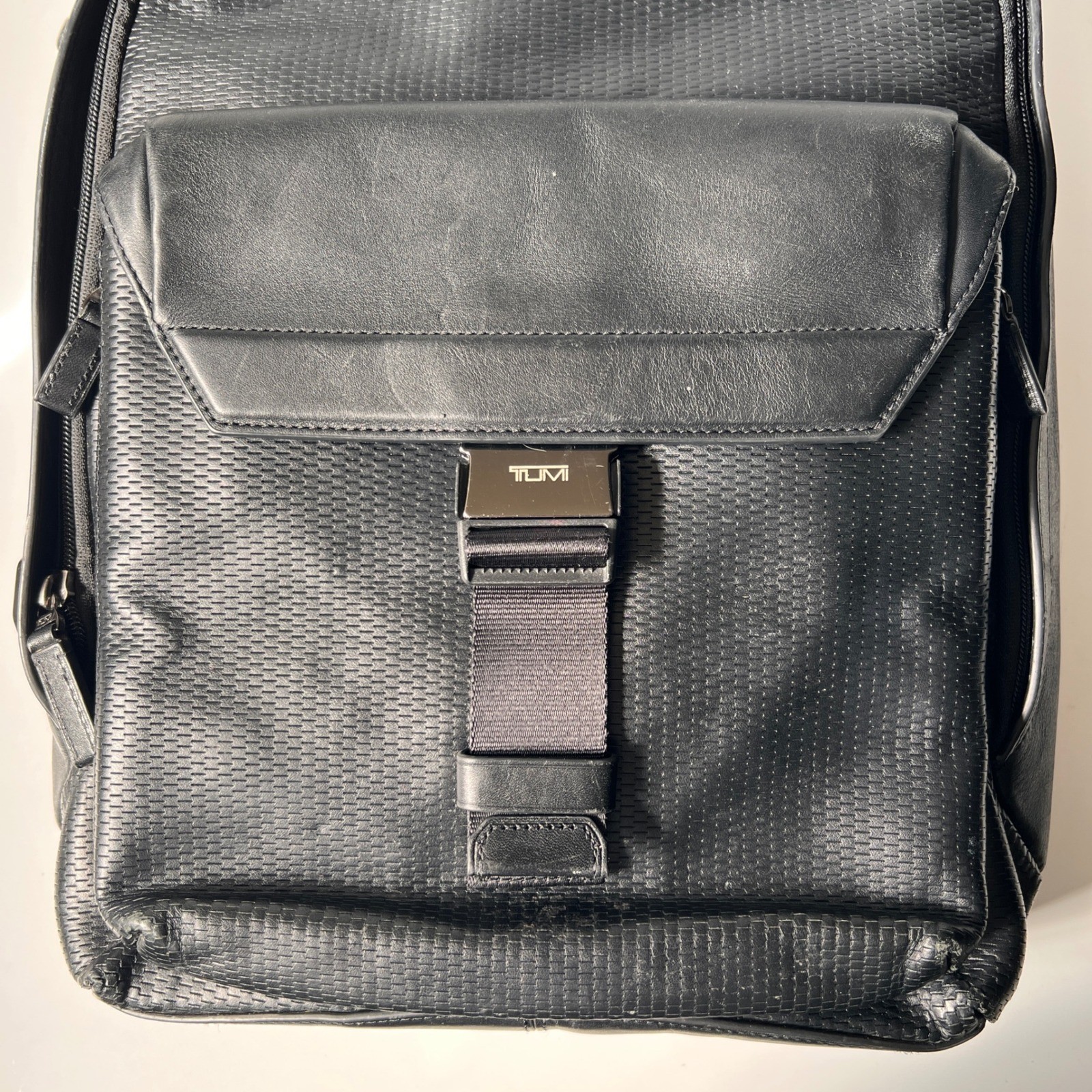 Tumi Morley Backpack Carbon Fiber Black Leather Buckle Laptop Travel Bag image 4