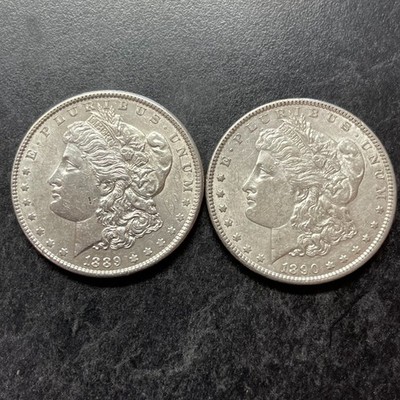 2 $1 GENUINE UNITED STATES MORGAN SILVER DOLLARS 1889 P & 1890 P SET KM#110