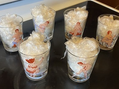 Complete set of  HILDA  COCKTAIL GLASSES 1968 plump pinup girl by Duane Bryers