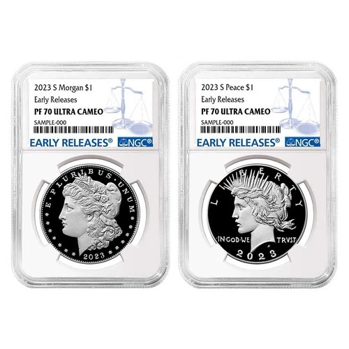 2023-S Proof $1 Morgan and Peace Silver Dollar 2pc Set NGC PF70UC ER Blue Label