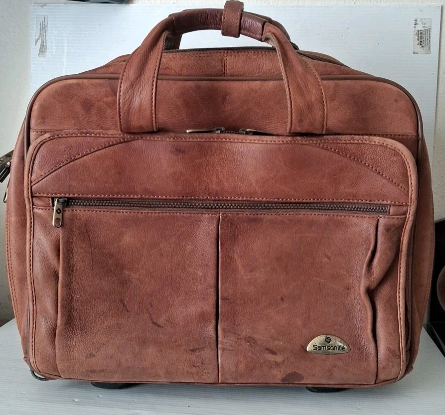Samsonite Tan Leather Wheeled Portfolio Rolling Carry-On Lap