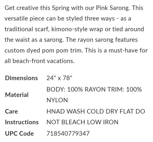 Mud Pie Pink Pom Pom Sarong NIP, (045) - Picture 4 of 5