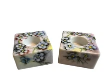 Set of 2 Hand Painted Vintage Floral Candlestick Holders Signed Lucille Stone