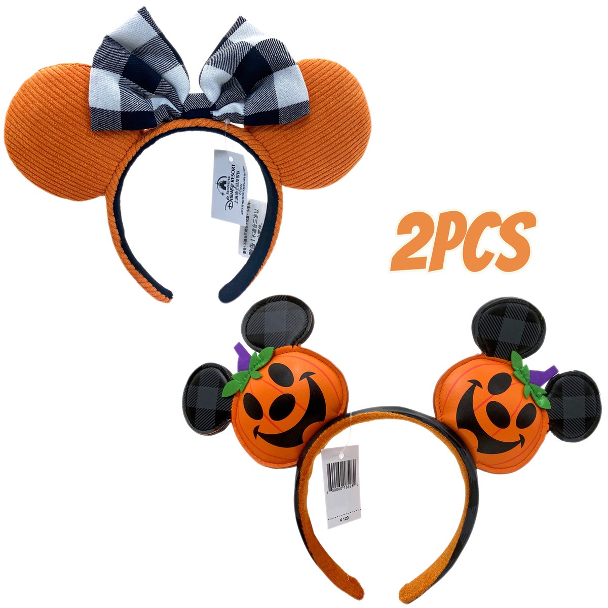 Disney-Pumpkin Jack O' Lantern Ears+Black White Check Bow Orange