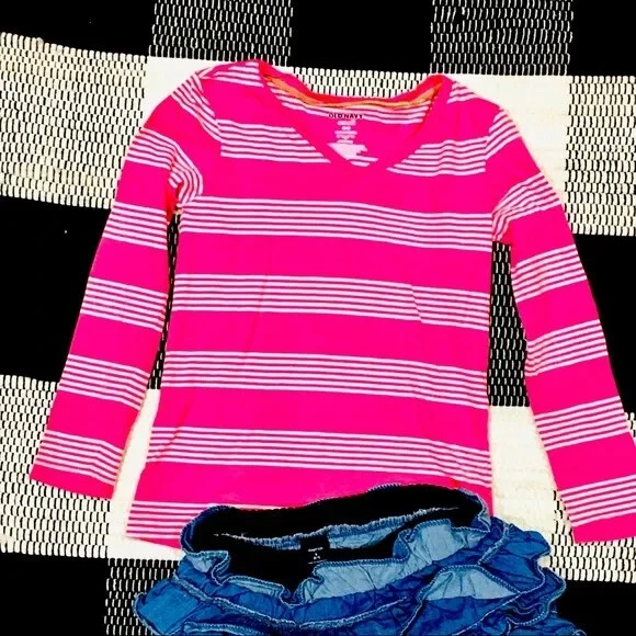 Gap denim ruffle skirt and pink long sleeve cotton striped shirt top 6 7 school - Image 3 of 4