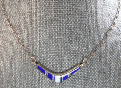 Native American Lapis Lazuli Opal Inlay Marked Sterling Necklace Marked E.K. VTG