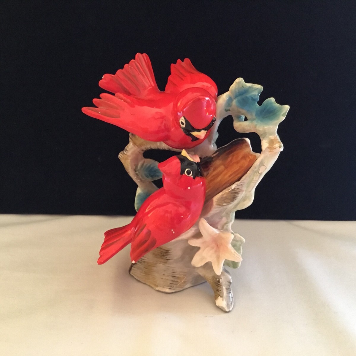 Vintage Porcelain Cardinal Red Birds On Branch Figurine Figure