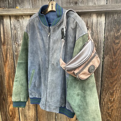 🕶️🛹 Vintage 90s green and blue suede patchwork bomber