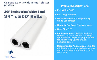 (2 rolls) 34'' x 500'-20# White Bond Engineering Rolls for Wide Format Plotters