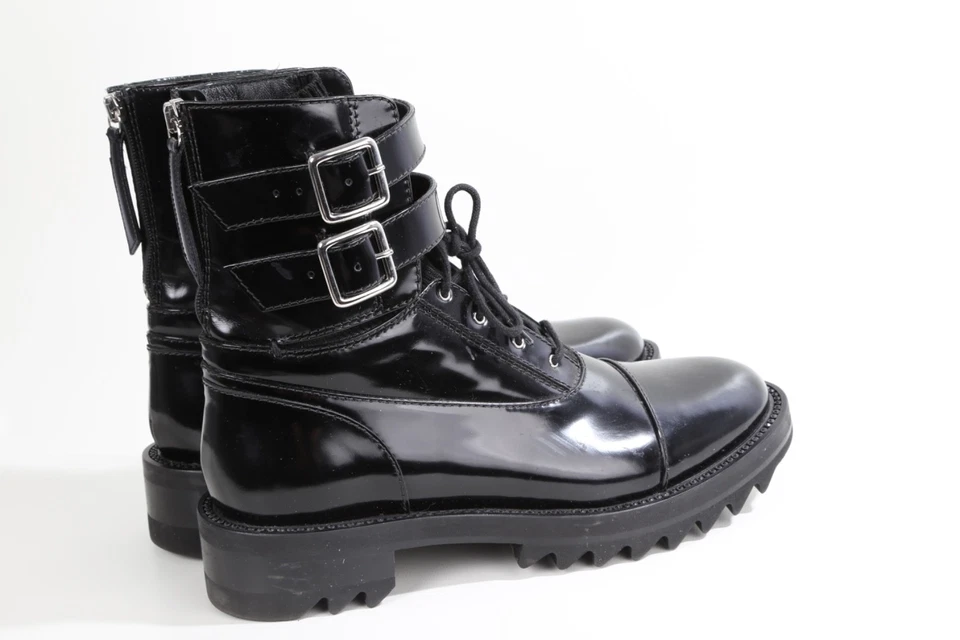 Tamara Mellon Black Leather Military Buckle Ankle Boots Size 39 Designer Style - Image 3 of 4