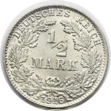 Germany 1916-D, 1/2 mark old world silver coin BU #5362