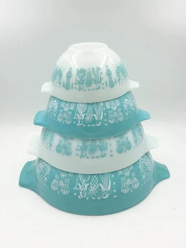Vintage Set 4 Pyrex Amish Butterprint Cinderella Mixing Nesting Bowls  Turquoise