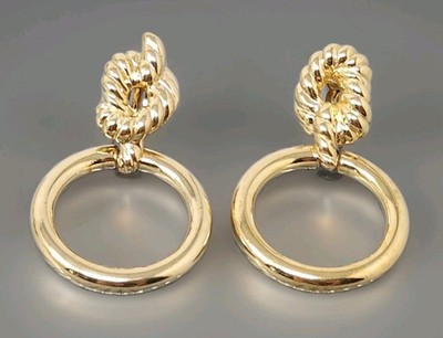 Vintage Givenchy Paris NY Gold Tone Knot Hoop Dangle Clip on Earrings